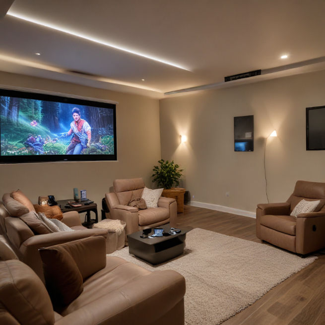 A cozy living room with reclining chairs, projector, and ambient LED lighting, ideal for streaming.