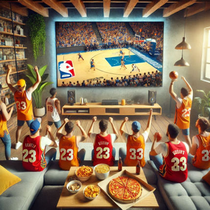 A vibrant living room with fans cheering at a TV showing a high-definition NBA game broadcast.