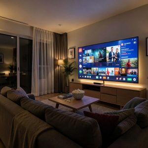 A modern living room with a large smart TV displaying multiple streaming apps, cozy couch, dim lighting, and popcorn on table