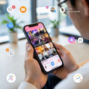 A person scrolling on a smartphone watching short-form videos, colorful interface, fast-moving visuals, social media icons