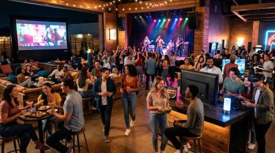 A lively modern entertainment scene featuring people enjoying different forms of entertainment 